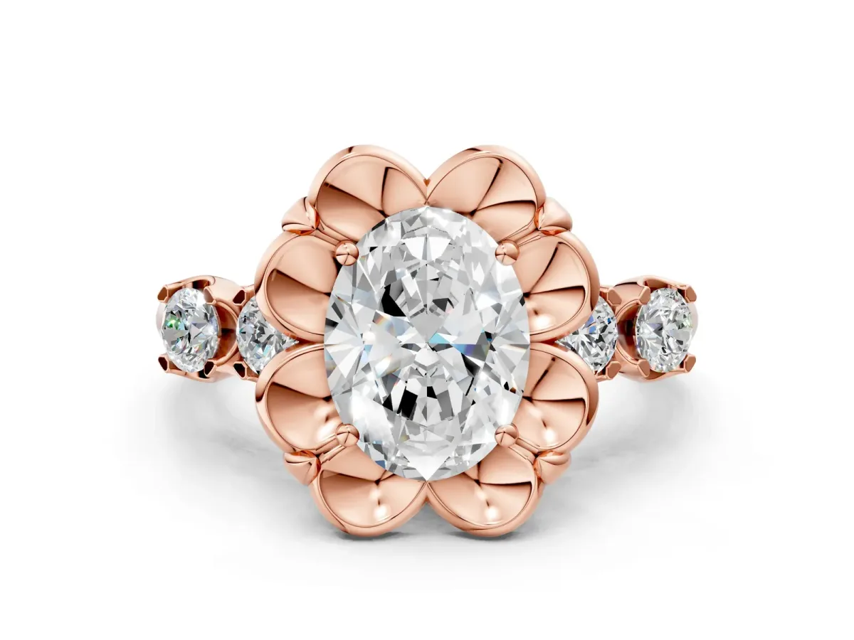 Oval Cut Cut Diamond Floral Halo Engagement Ring with Shared Prong Setting Rose gold