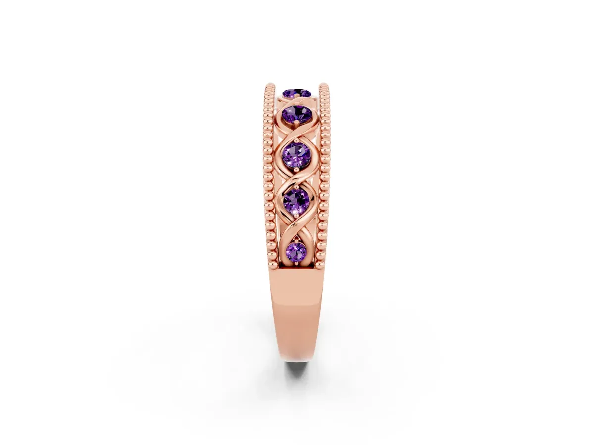 Round Amethyst Twist Milgrain Band with Bezel Setting Rose gold