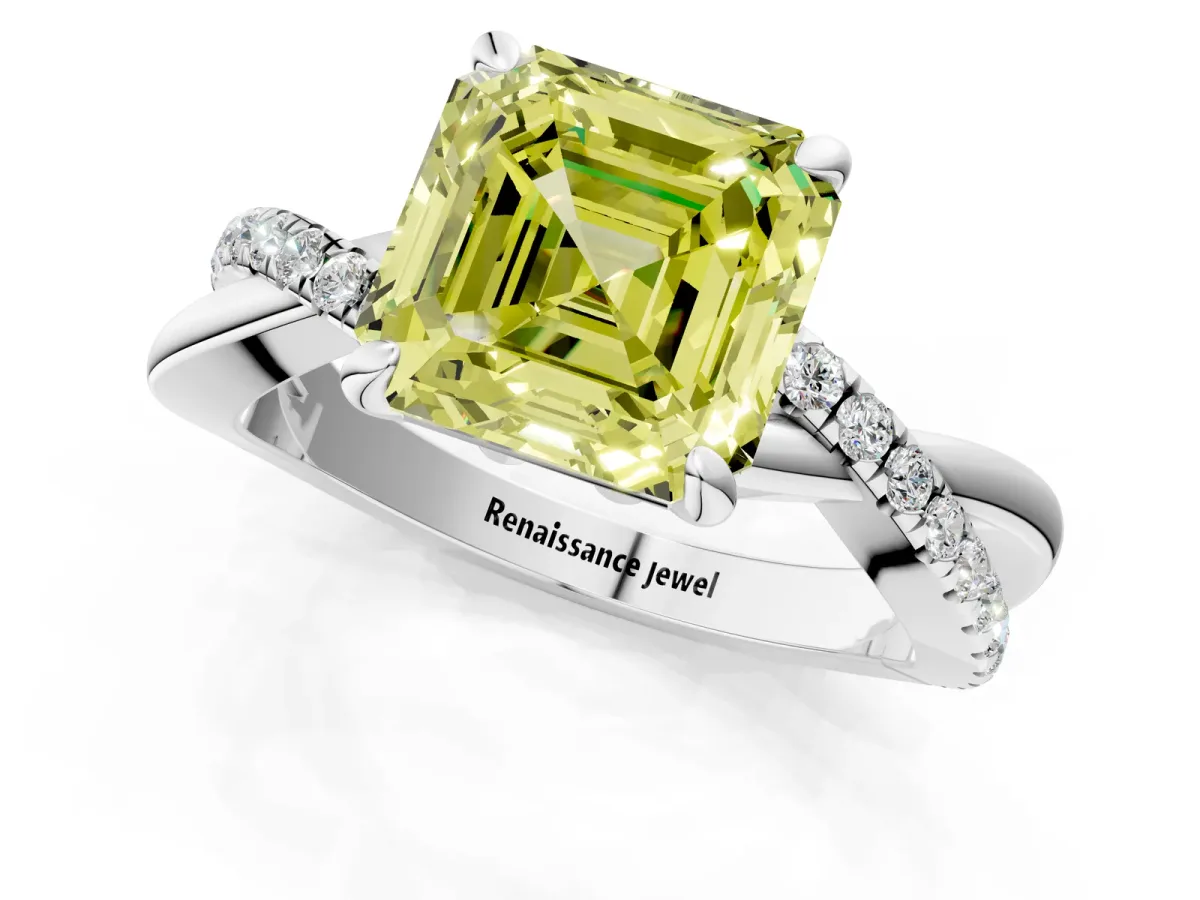 Fancy Yellow Asscher Cut Cut Twist Band Solitaire Diamond Ring with Pavé Setting Platinum