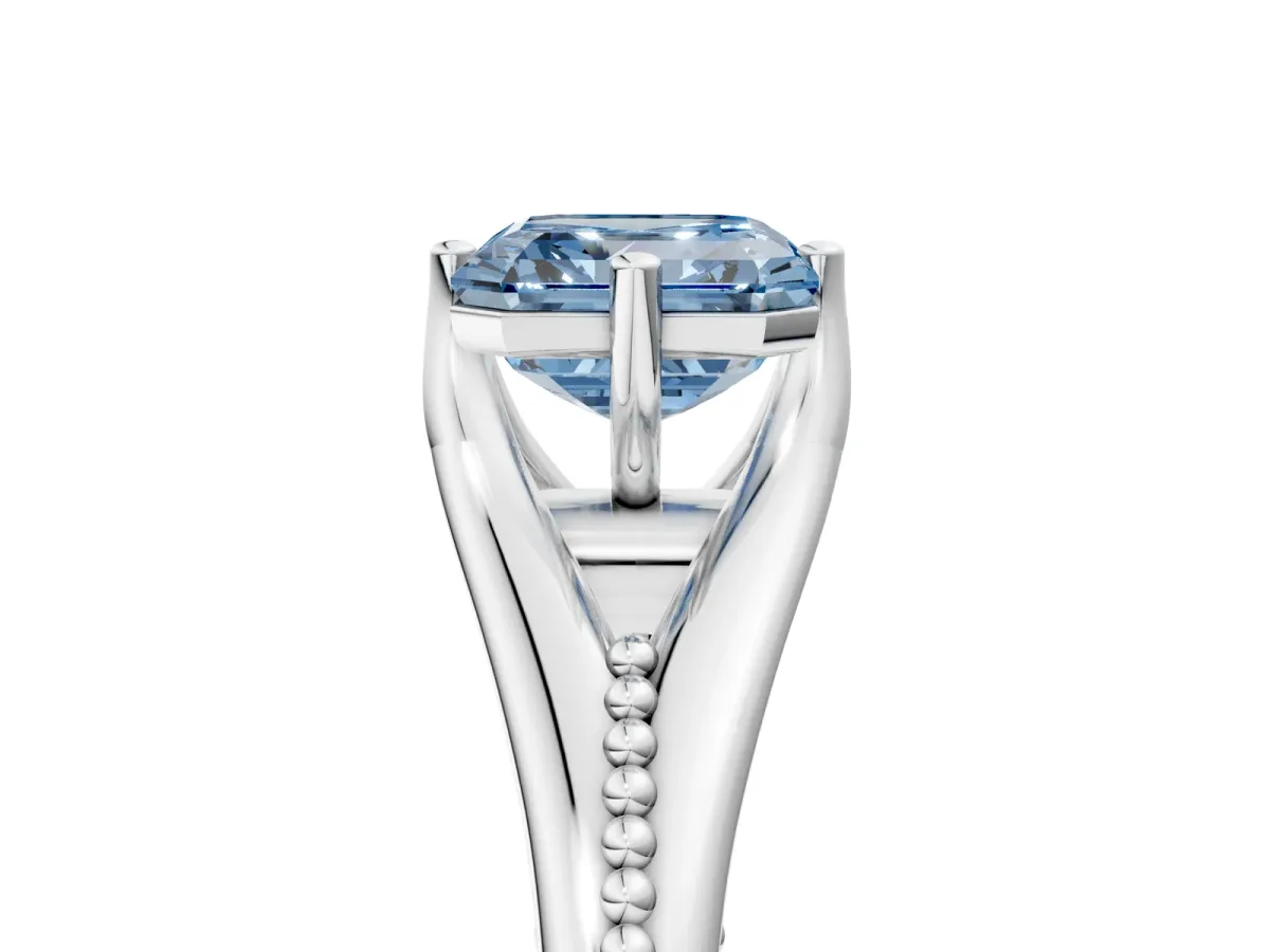 Fancy Blue Asscher Cut Solitaire Beaded Band Six-Prong Setting Platinum