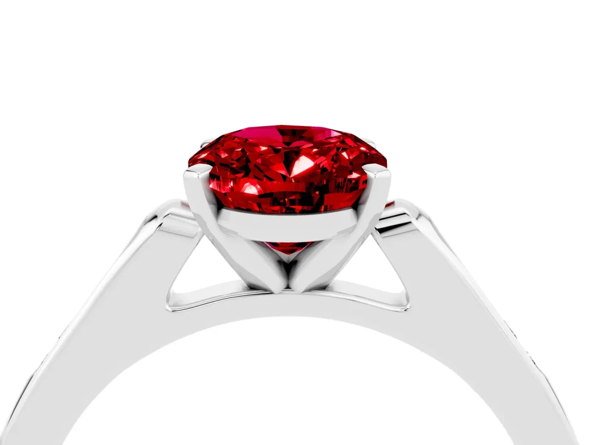 Oval Cut Ruby Solitaire Ring with Channel Set Round Band and Prong Setting Silver