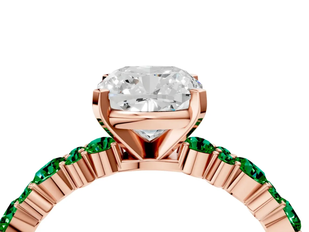 Cushion Cut Diamond Side Stone Solitaire Ring with Round Emerald and Four-Prong Setting Rose gold