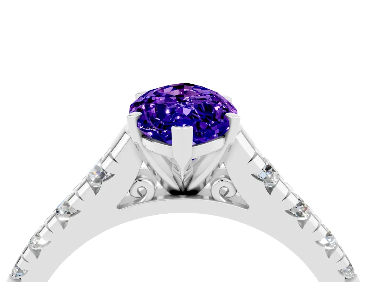 Marquise Cut Tanzanite Cathedral Solitaire Ring with Round Pavé Band Silver
