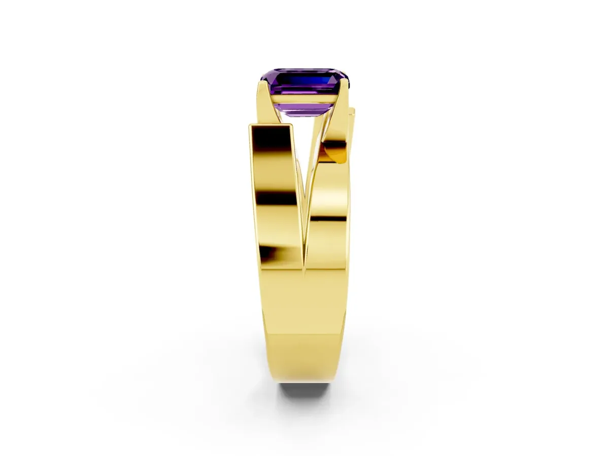 Modern Tension Set Emerald Cut Amethyst Solitaire Wide Band Ring Yellow gold