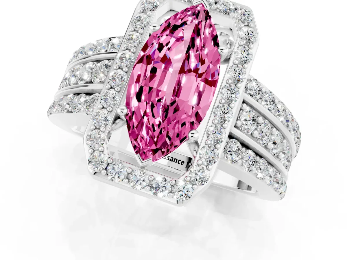 Marquise Cut Halo Pink Sapphire Ring with Round Split Shank and Prong Setting Silver