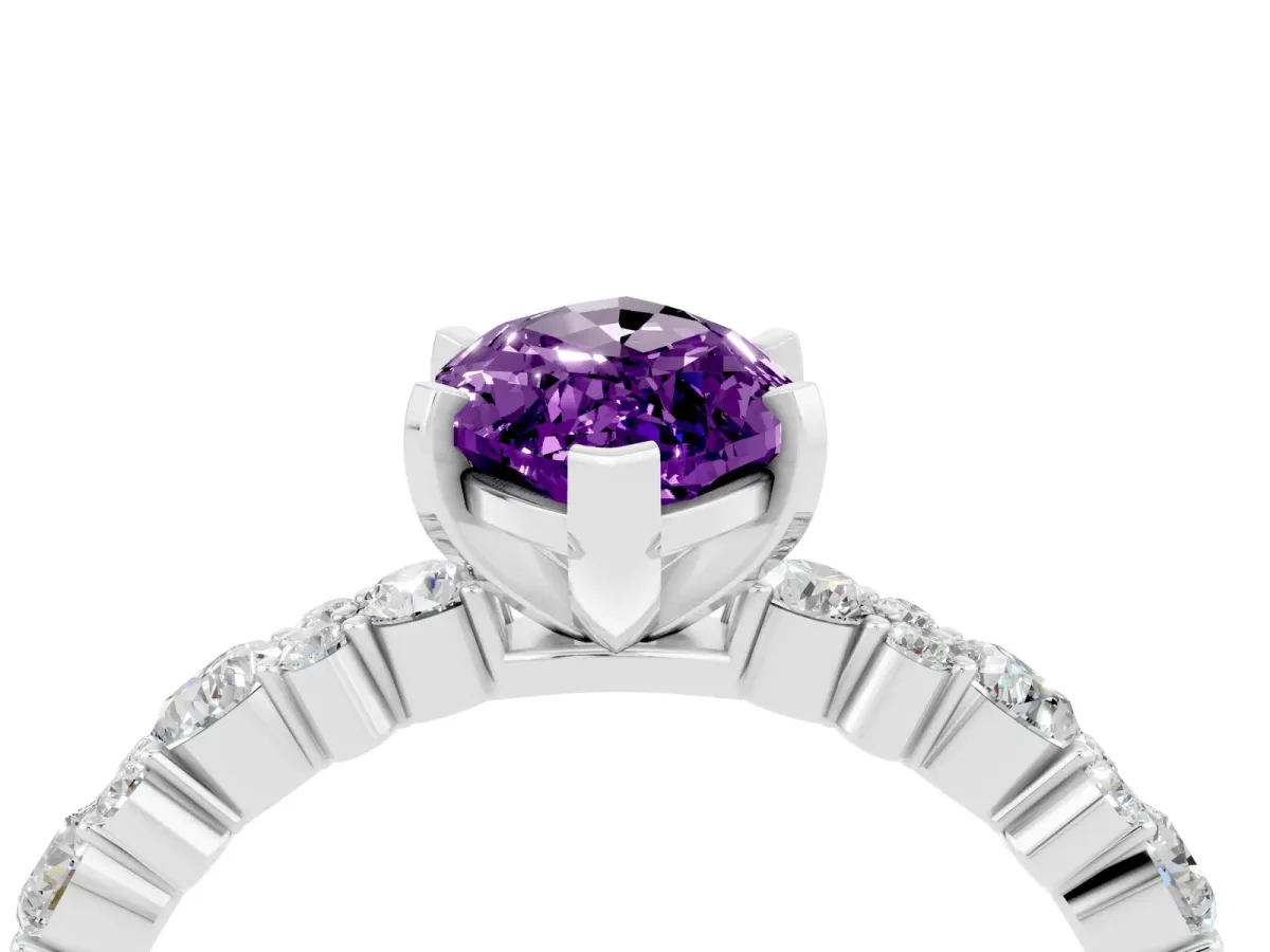 Marquise Cut Amethyst Side Stone Solitaire Ring with Round and Four-Prong Setting White gold