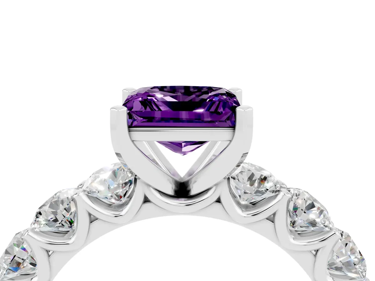 Princess Cut Amethyst Prong Setting with Side Stones on a Pave Band Silver