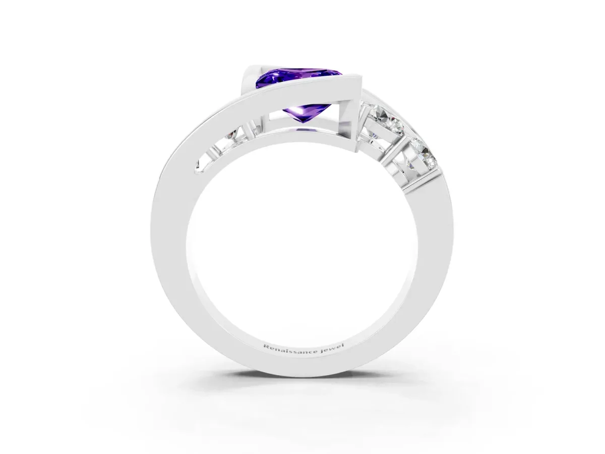 Bezel Set Princess Cut Tanzanite Bypass Ring with Round Accents Platinum