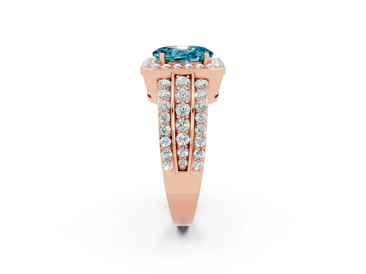 Oval Cut Halo Blue Topaz Ring with Round Split Shank and Prong Setting Rose gold