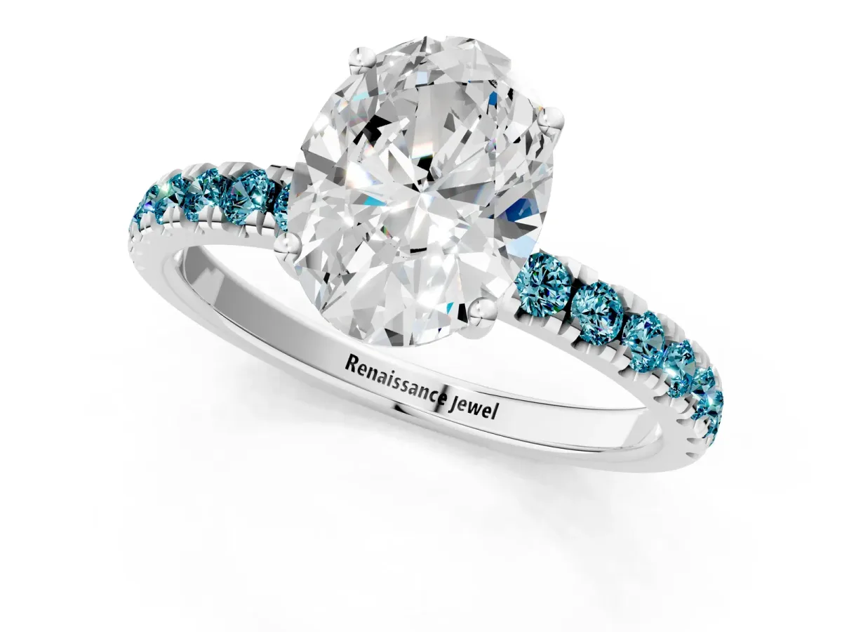 Oval Cut Diamond Pave Band Solitaire Ring with Round Blue Topaz and Prong Setting Platinum