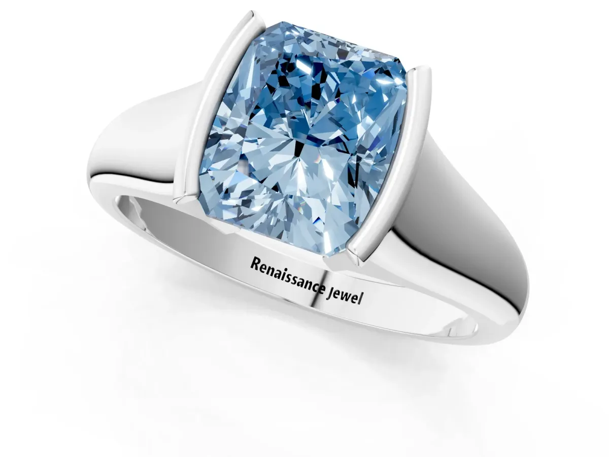 Fancy Blue Radiant Cut Solitaire Tension Set Diamond Ring with Split Shank Band Platinum