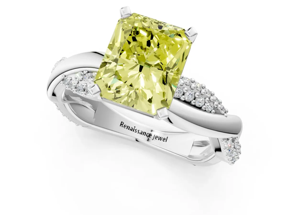 Fancy Yellow Radiant Cut Solitaire Twist Band with Pave Prong Setting Platinum