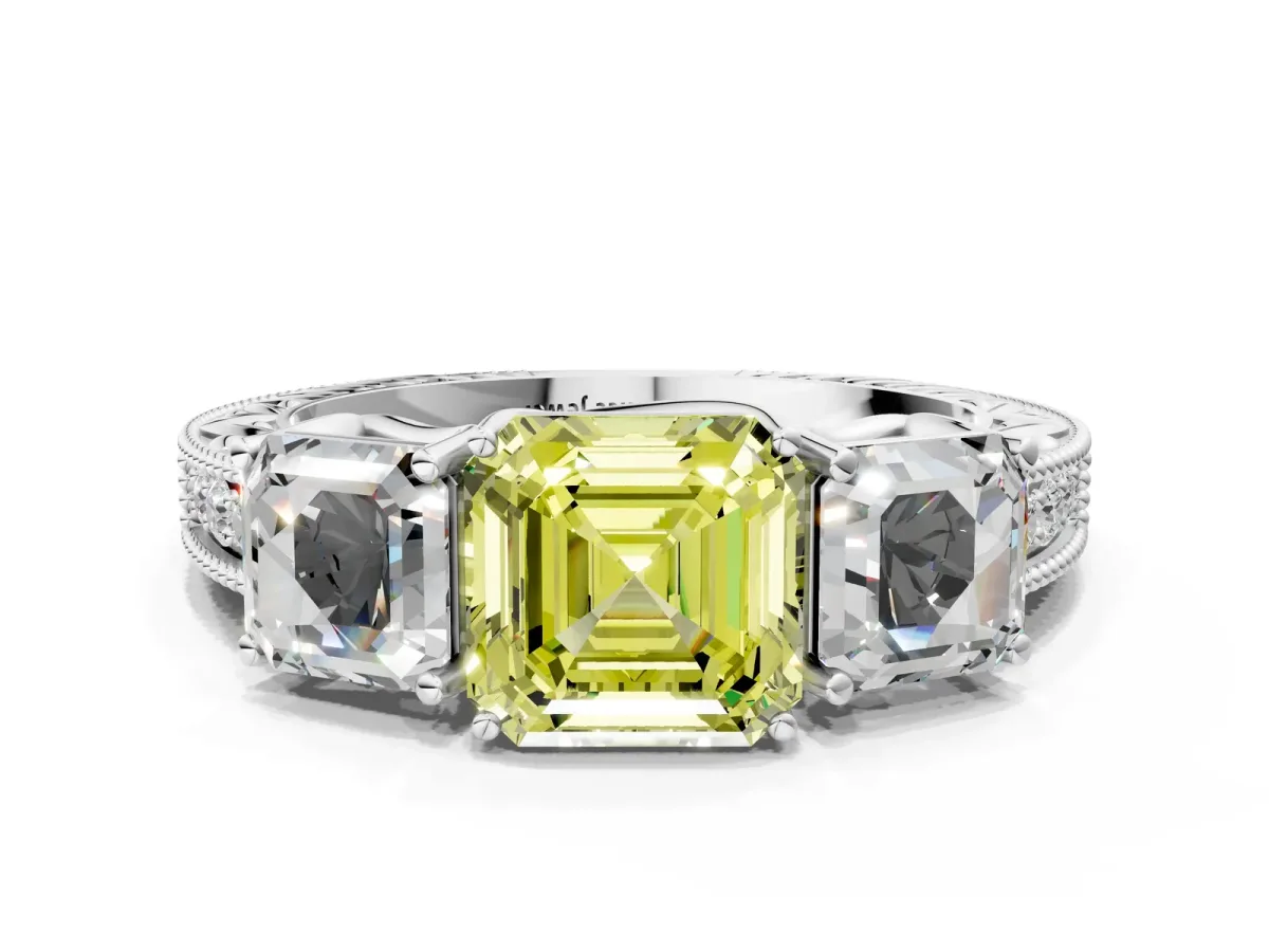 Fancy Yellow Three-Stone Asscher Cut Cut Milgrain Pavé Engagement Ring Platinum