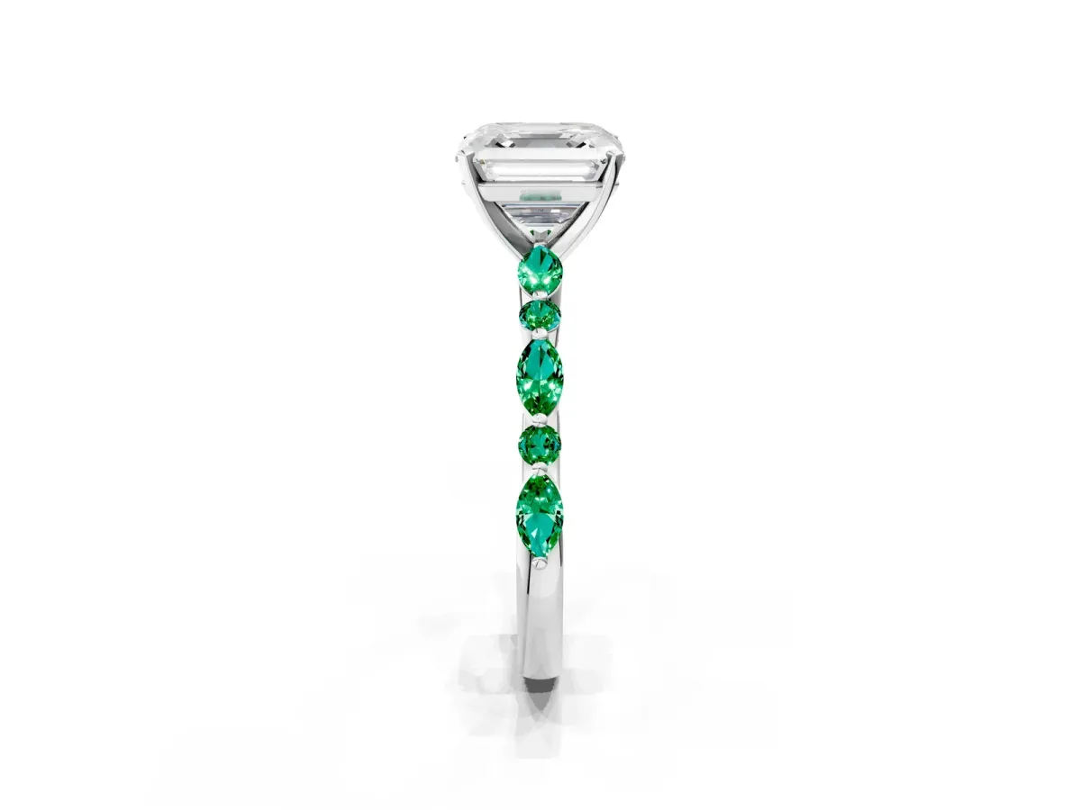 Asscher Cut Diamond Ring with Marquise and Round Emerald Side Stones and Four-Prong Setting Silver
