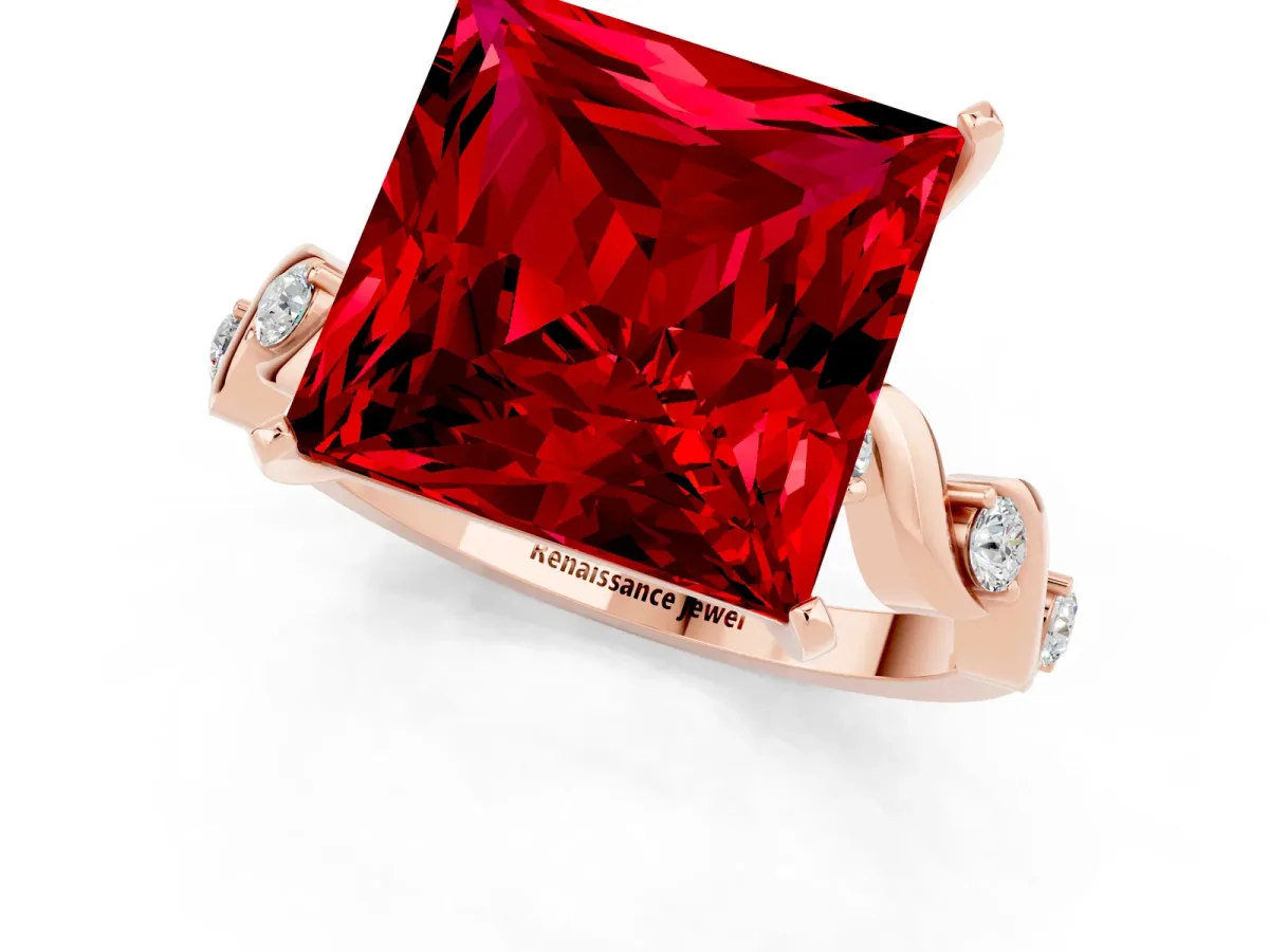 Princess Cut Ruby Solitaire Twisted Band with Round Accents and Prong Setting Rose gold