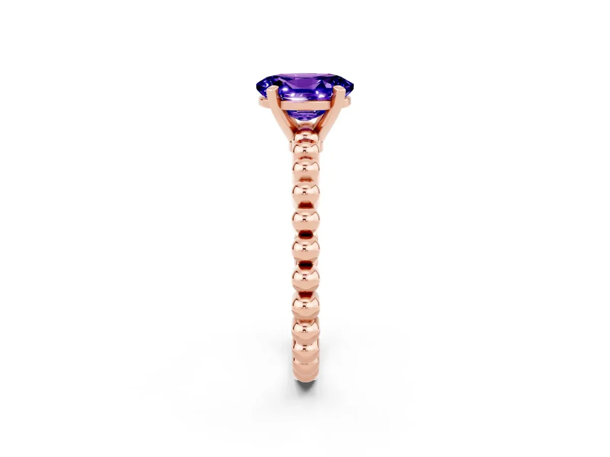 Oval Cut Tanzanite Solitaire Ring with Beaded Band and Prong Setting Rose gold