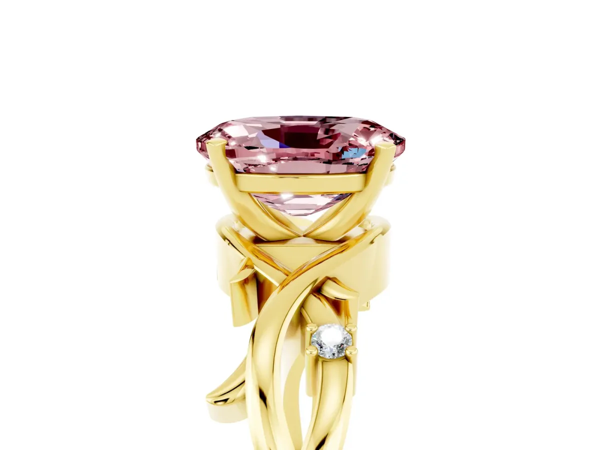Oval Cut Morganite Solitaire Ring with Twisted Band and Prong Setting Yellow gold