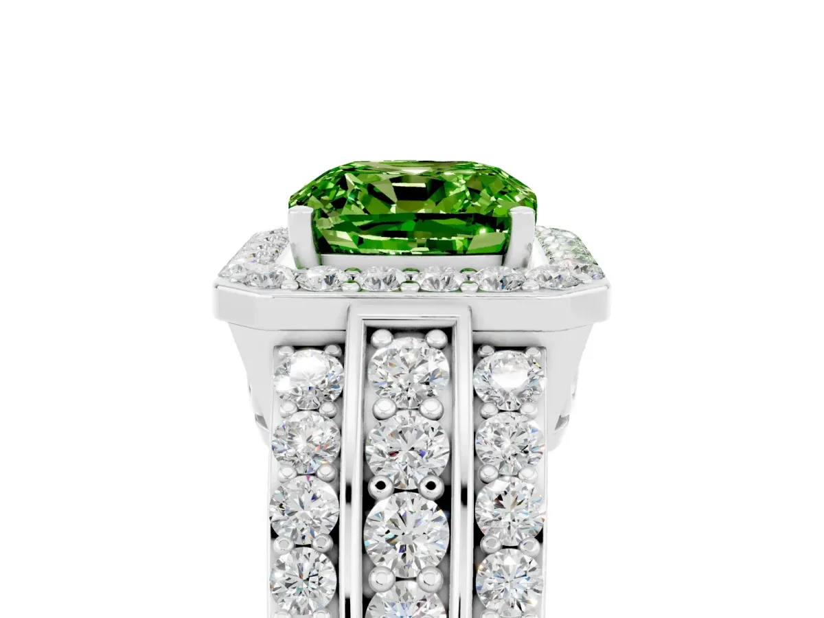Cushion Cut Halo Peridot Ring with Round Split Shank and Prong Setting Silver