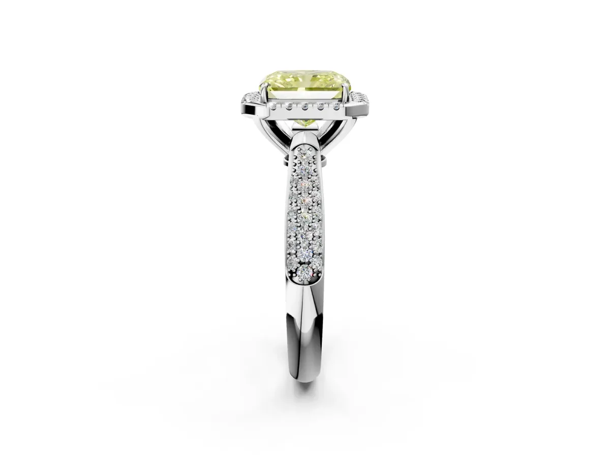 Fancy Yellow Radiant Cut Cut Halo Pave Band Four-Prong Setting Ring Platinum