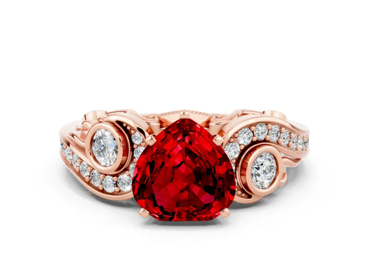 Heart Cut Ruby Solitaire Ring with Milgrain Pavé Band and Four-Prong Setting Rose gold