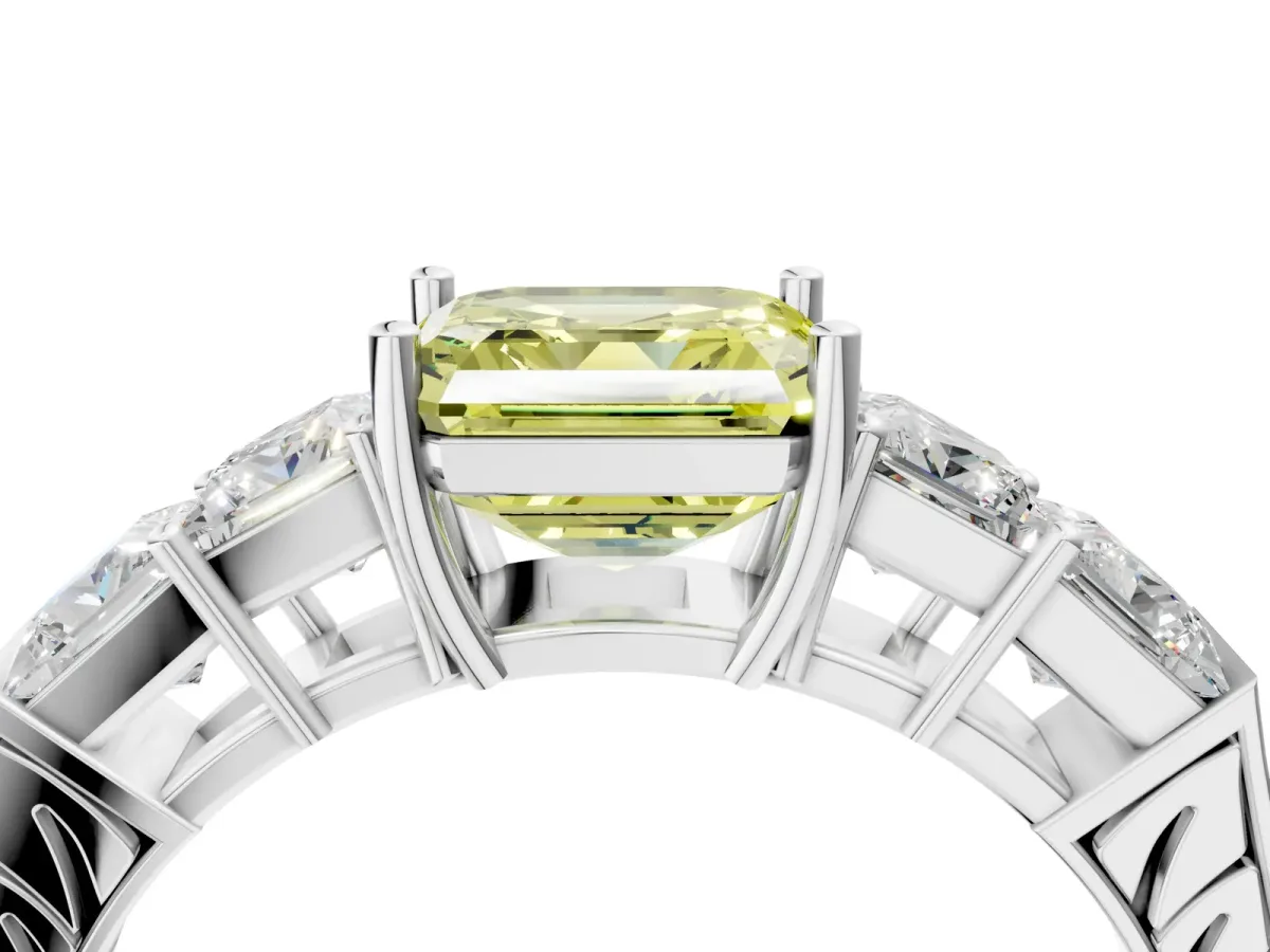 Fancy Yellow Asscher Cut Solitaire Princess Side Stone Engraved Band Prong Setting Ring Platinum