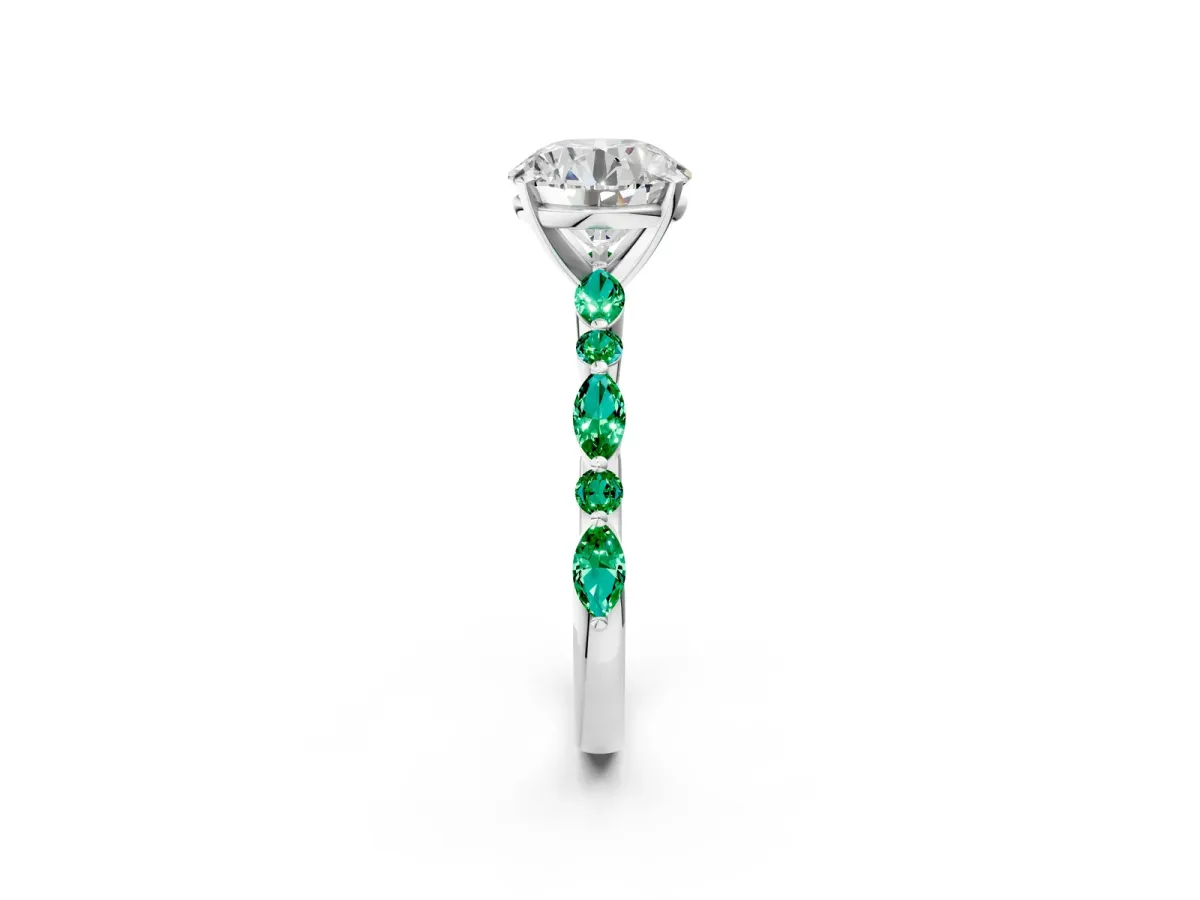 Round Cut Diamond Ring with Marquise and Round Emerald Side Stones and Four-Prong Setting Silver