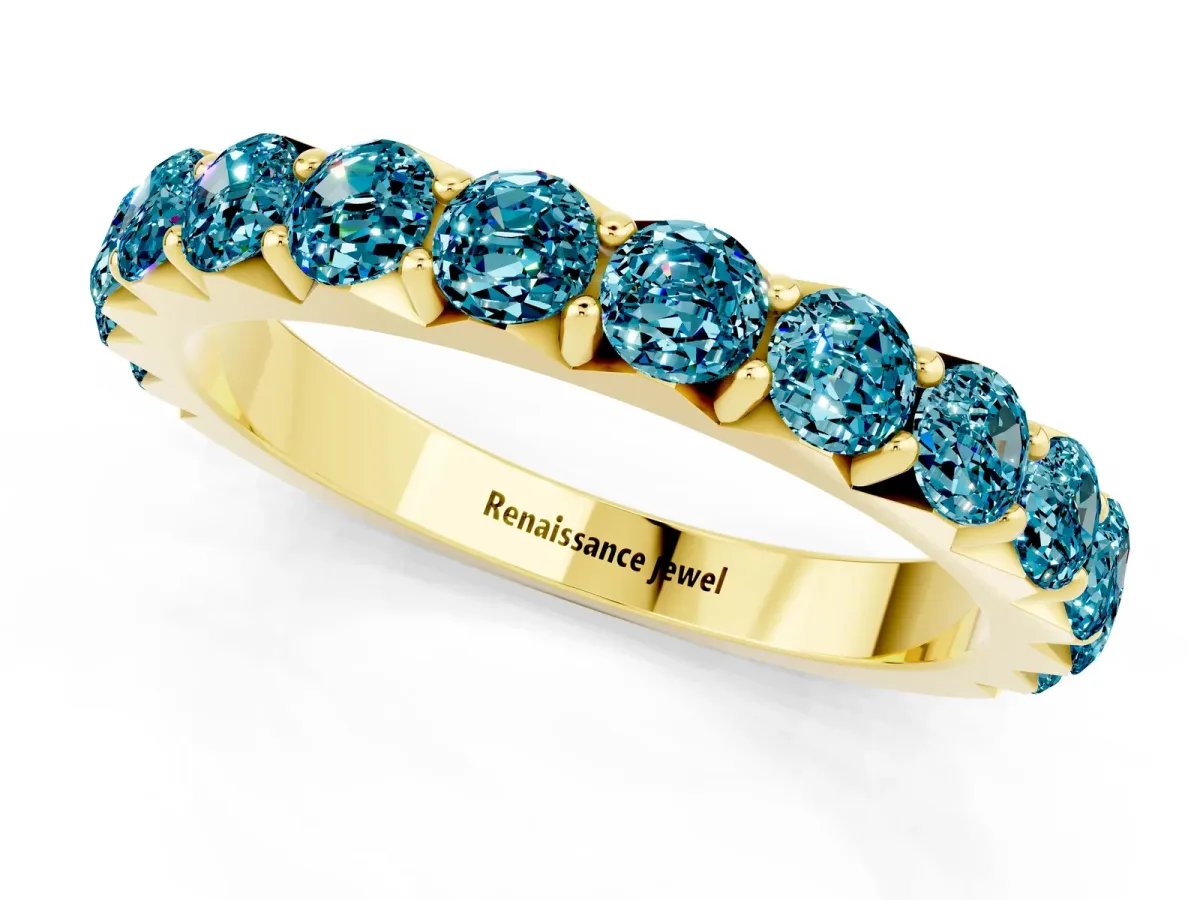 Round Blue Topaz Half Eternity Band with Classic Prong Setting Yellow gold