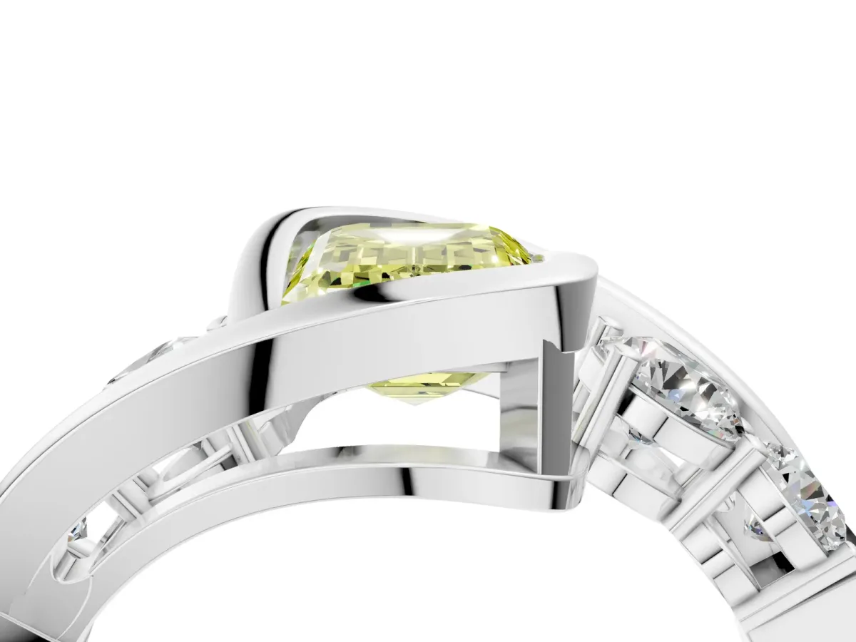 Fancy Yellow Bezel Set Emerald Cut Diamond Bypass Ring with Round Accents Silver