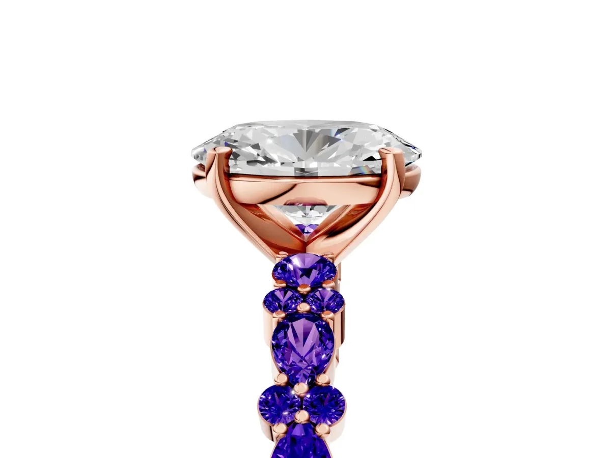 Oval Cut Diamond Side Stone Solitaire Ring with Round Tanzanite and Four-Prong Setting Rose gold