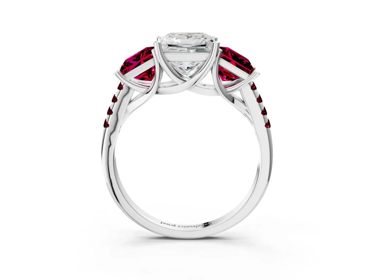 Three-Stone Princess Cut Diamond Ring with Round Garnet Pavé Band and Prong Setting Silver