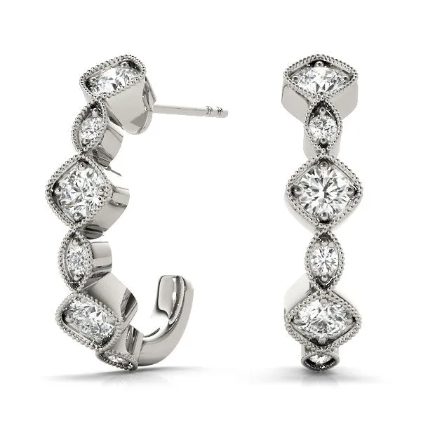 Milgrain Cushion and Marquise Diamond Hoop Earrings Silver