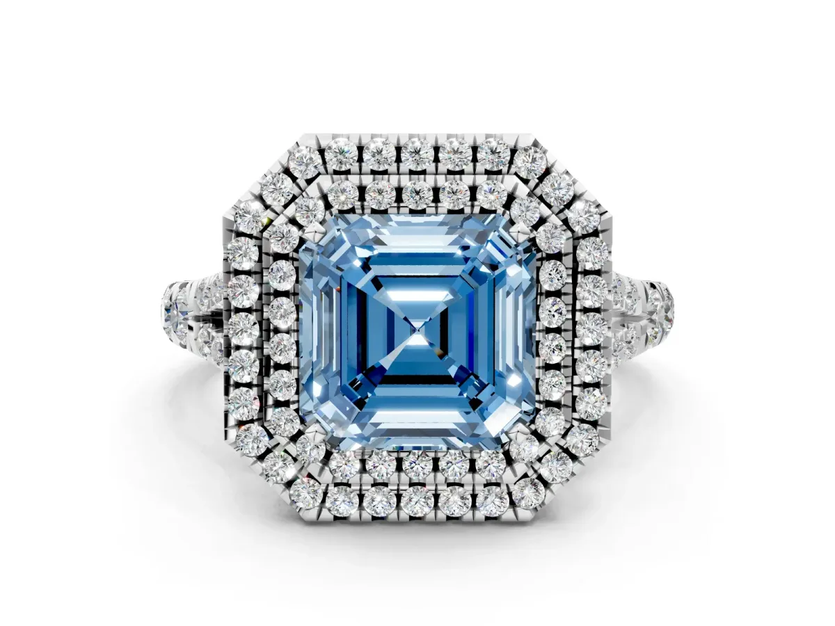 Fancy Blue Asscher Cut Diamond Double Halo Ring with Split Shank and Prong Setting Silver