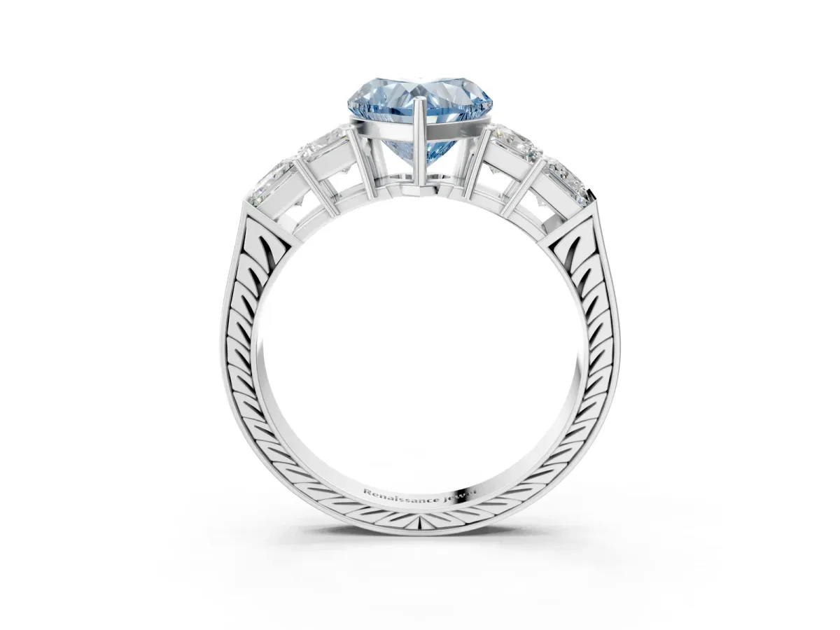 Fancy Blue Heart Cut Solitaire Princess Side Stone Engraved Band Prong Setting Ring Platinum