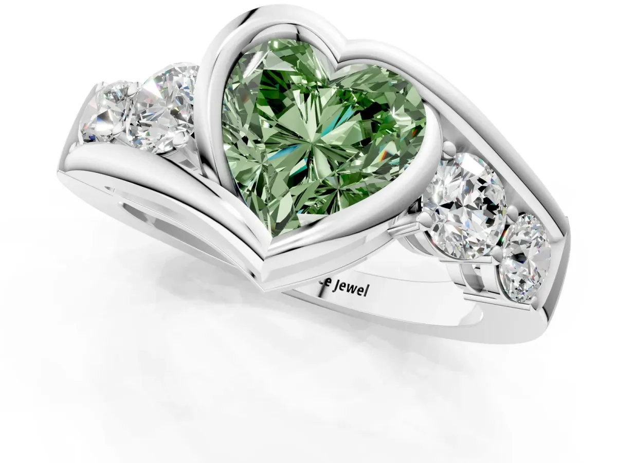 Fancy Green Bezel Set Heart Cut Diamond Bypass Ring with Round Accents Silver