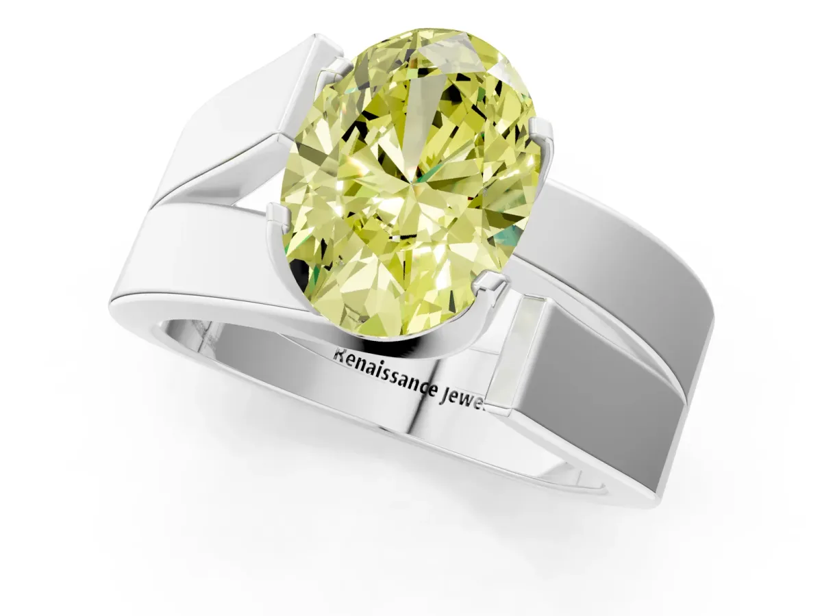 Fancy Yellow Modern Tension Set Oval Cut Diamond Solitaire Wide Band Ring Silver