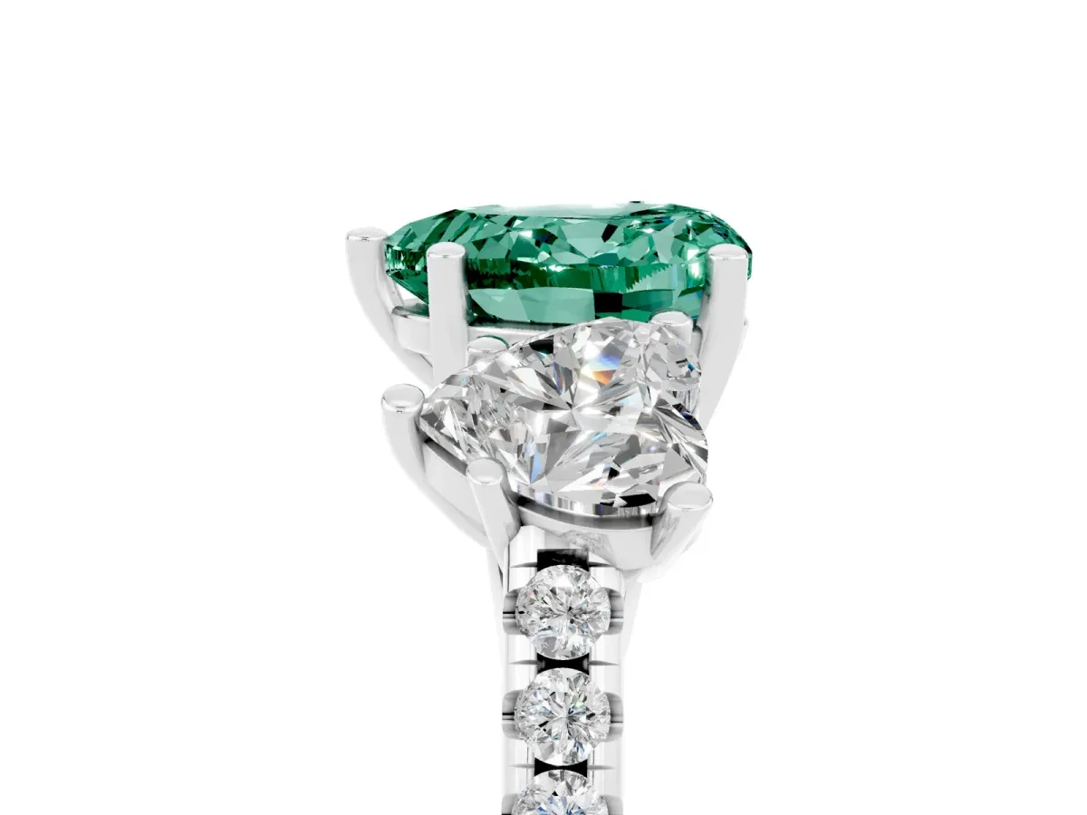 Three-Stone Heart Cut Green Sapphire Ring with Round Pavé Band and Prong Setting Silver