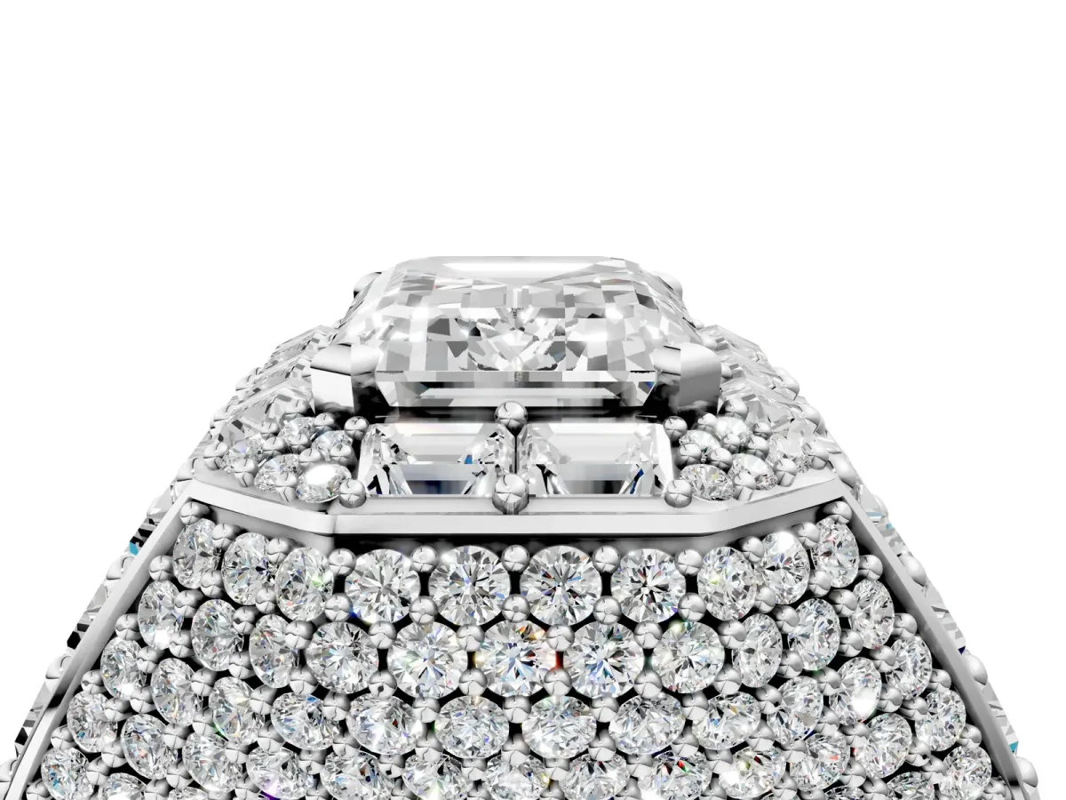Emerald Cut Diamond Pavé Statement Mens Ring with Baguette Accents Platinum