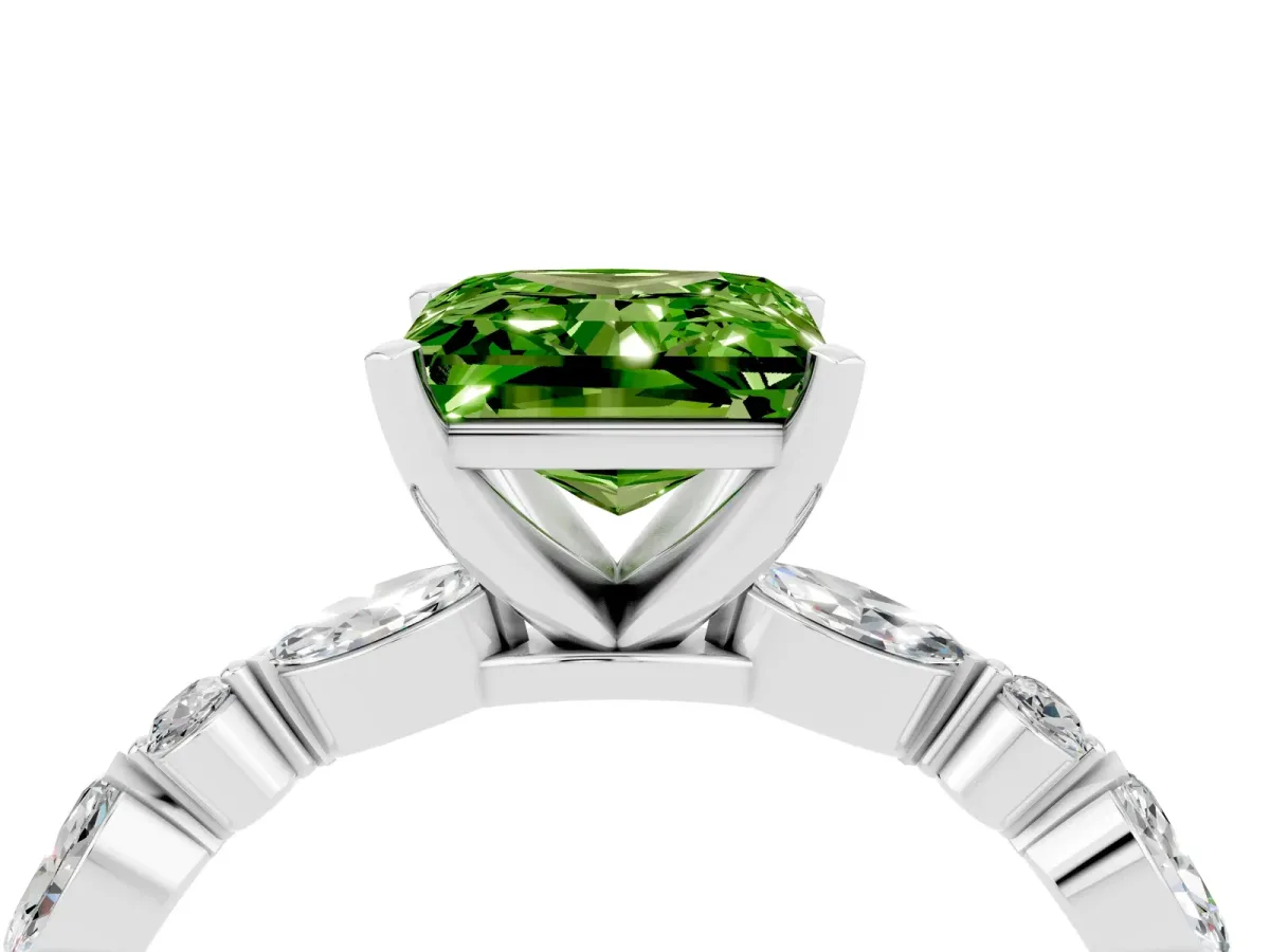 Princess Cut Peridot Ring with Marquise and Round Side Stones and Four-Prong Setting Silver