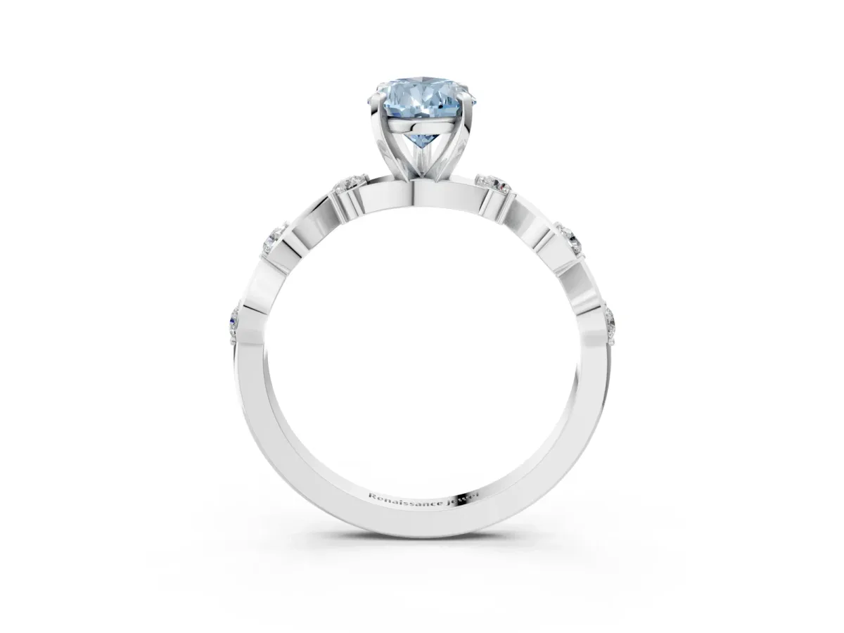 Fancy Blue Pear Cut Diamond Solitaire Twisted Band with Round Accents and Prong Setting Silver
