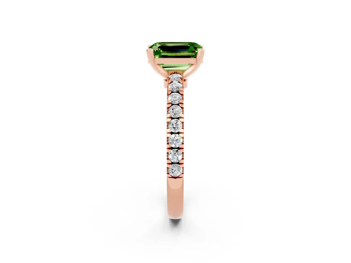 Emerald Cut Solitaire Peridot with Pavé Band and Four-Prong Setting Rose gold
