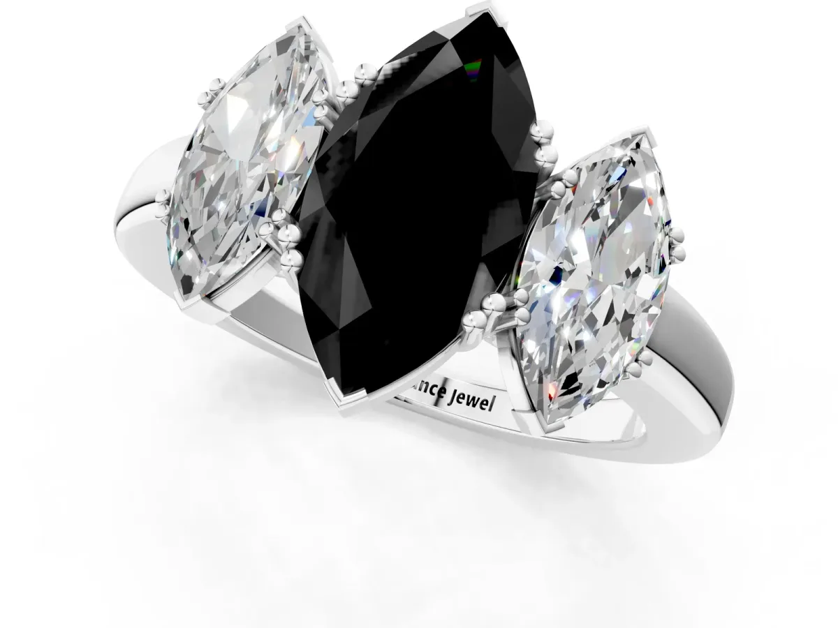 Fancy Black Three-Stone Marquise Cut Cut Diamond Ring with Channel Set Band and Four-Prong Setting Silver