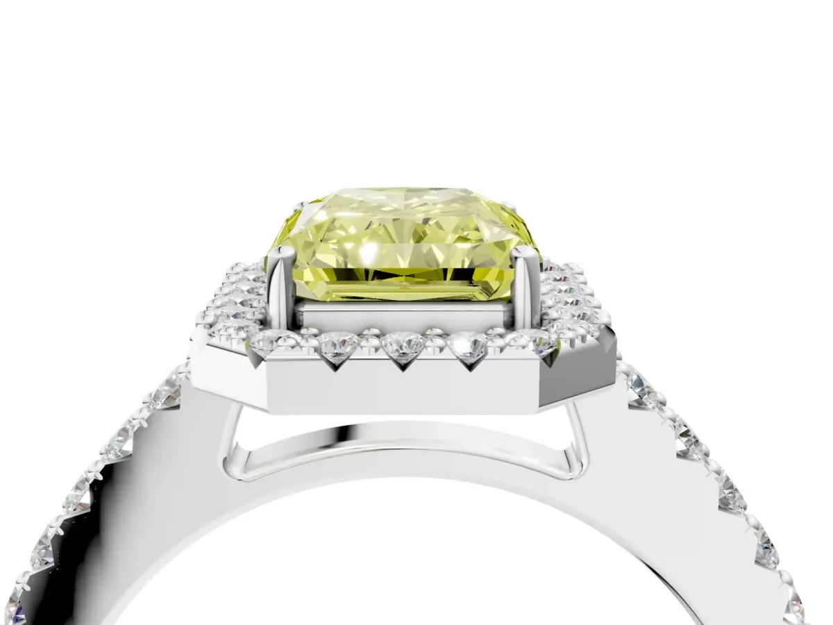 Fancy Yellow Radiant Cut Halo Diamond Pavé Solitaire Ring Platinum