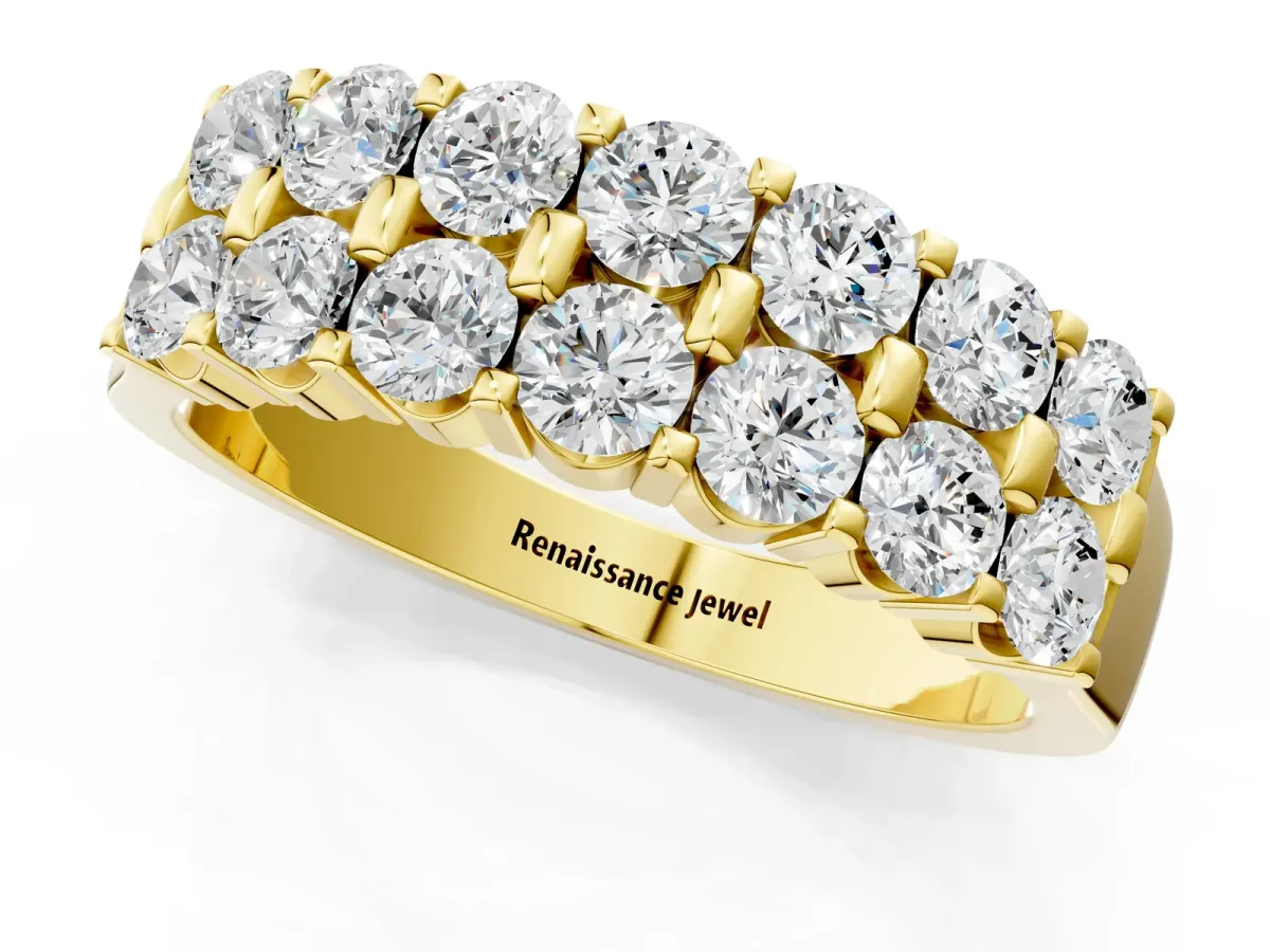 Three-Row Round Diamond Channel Band with Shared Prong Setting Yellow gold