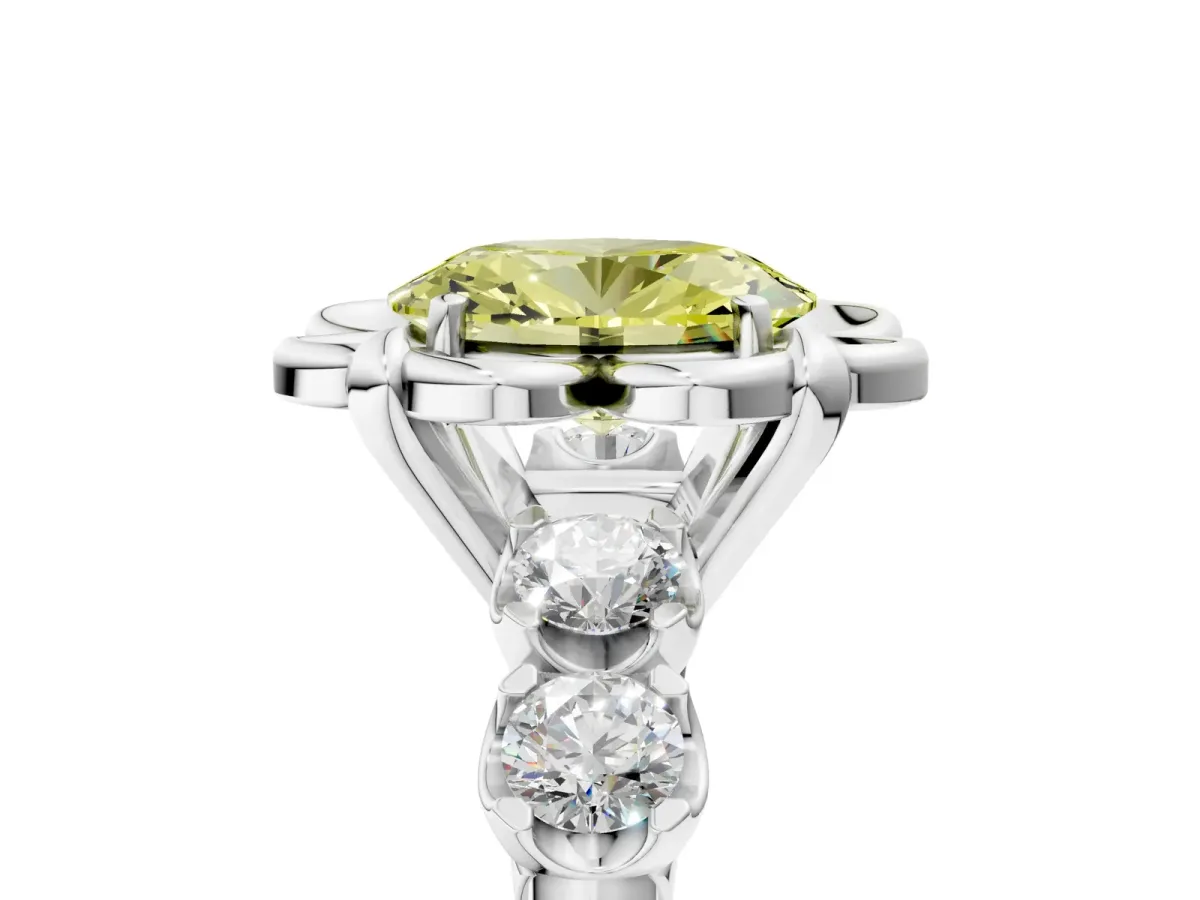 Fancy Yellow Oval Cut Cut Diamond Floral Halo Engagement Ring with Shared Prong Setting Silver
