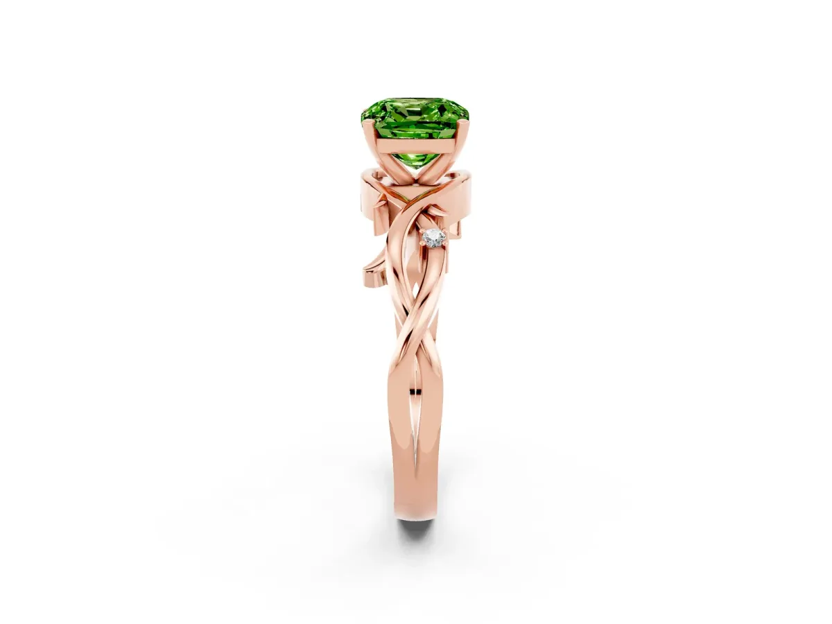 Cushion Cut Peridot Solitaire Ring with Twisted Band and Prong Setting Rose gold