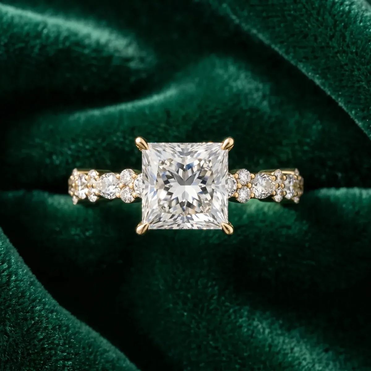 Princess Cut Diamond Side Stone Solitaire Ring with Round and Four-Prong Setting Yellow gold