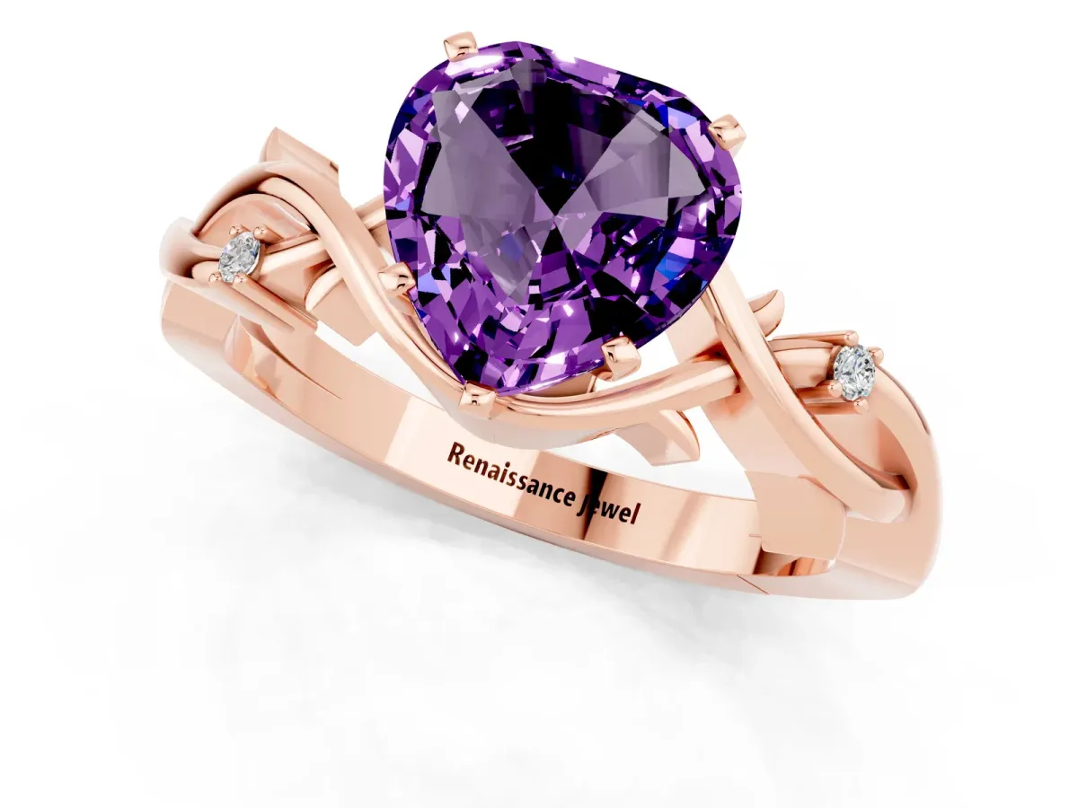 Heart Cut Amethyst Solitaire Ring with Twisted Band and Prong Setting Rose gold