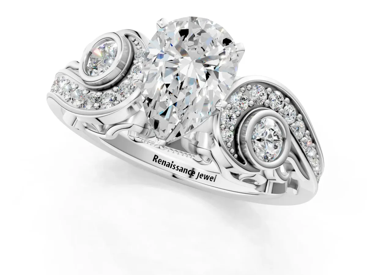 Pear Cut Diamond Solitaire Ring with Milgrain Pavé Band and Four-Prong Setting Silver
