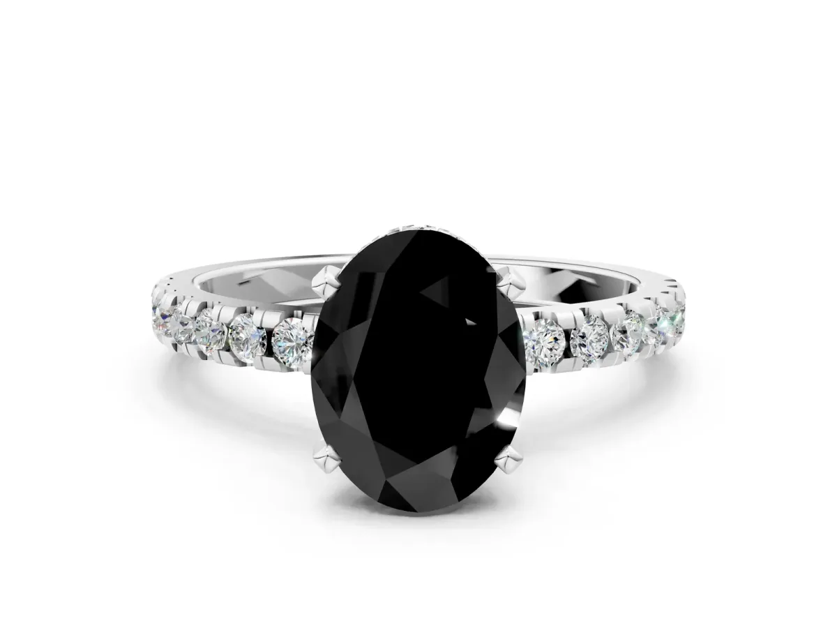Fancy Black Oval Cut Diamond Solitaire Ring with Round Pavé Band and Four-Prong Setting Silver