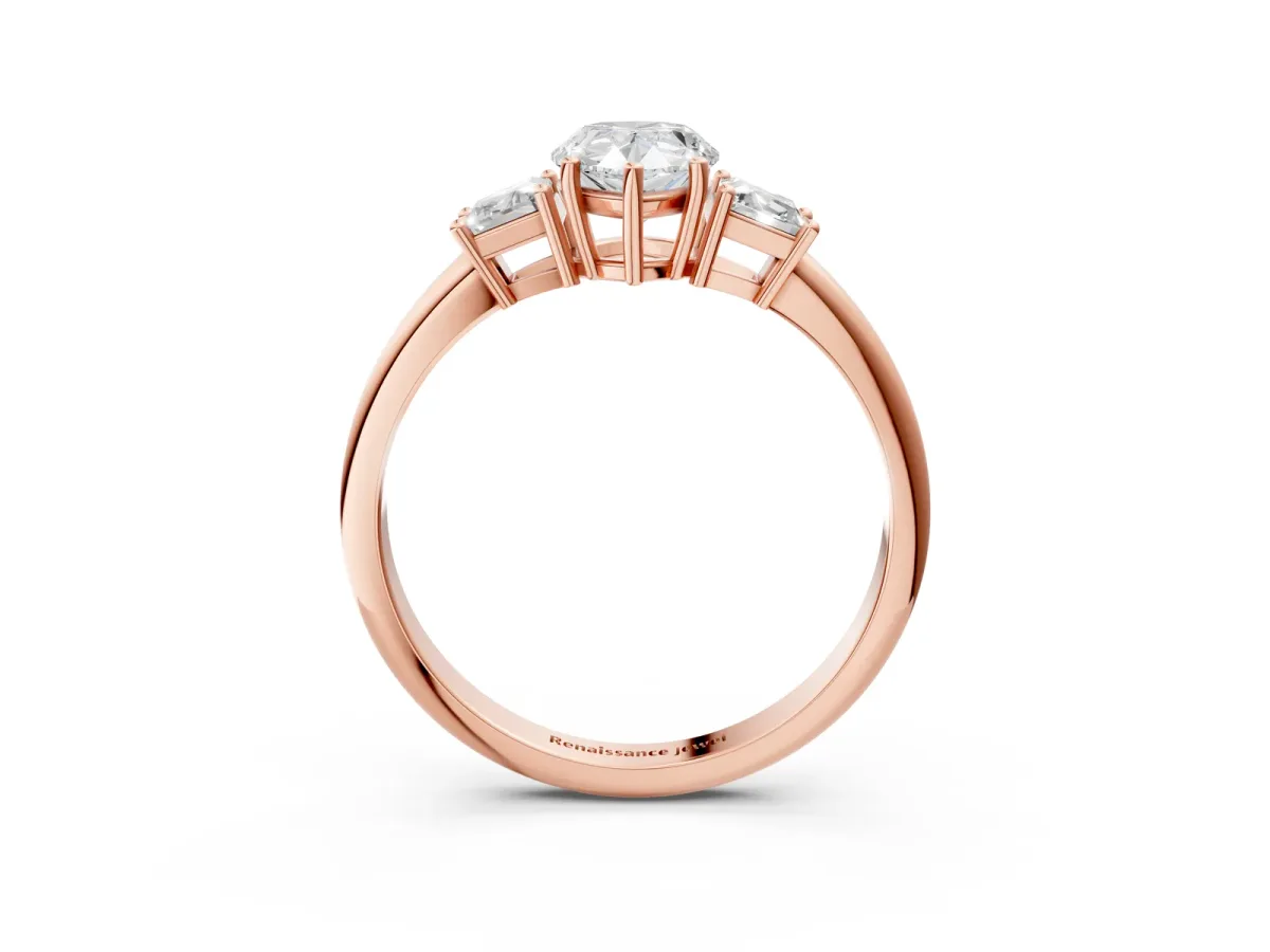 Pear Cut Diamond Three-Stone Ring with Trapezoid Side Stones and Prong Setting Rose gold
